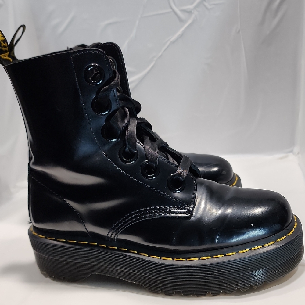 Dr. Martens Black Leather Platform Lace-Up Boots with Yellow Stitching